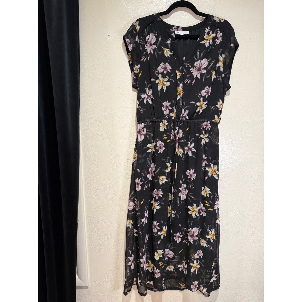 DR2 by Daniel Rainn Black Floral Lily V-Neck Midi Dress Cap Sleeve Large
